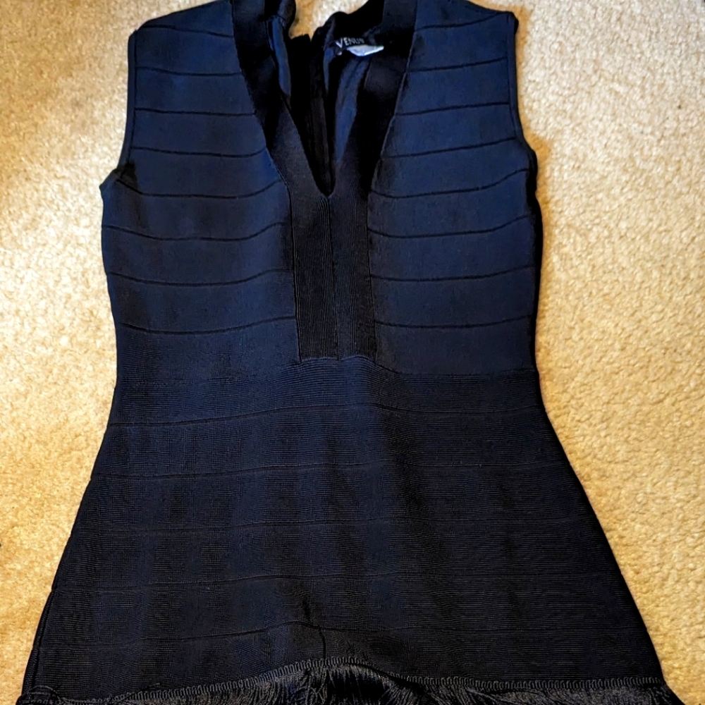 Venus Black Bandage Fringe Hem Bodycon Stretch Dress 10